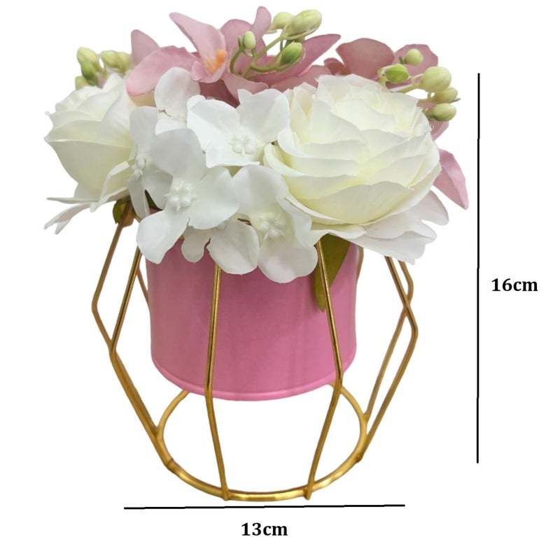 HOME ELEMENTS Tabletop Artificial Flowers in Metal Frame Vase Room Decor Centre Table Showpiece Artificial Flower Pots for Living Room Office New Home Decoration Gift - Pink & White Flower (13x16cm) - Image 2