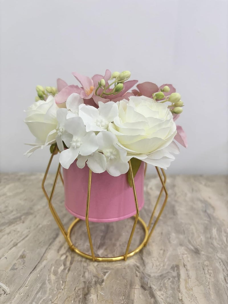 HOME ELEMENTS Tabletop Artificial Flowers in Metal Frame Vase Room Decor Centre Table Showpiece Artificial Flower Pots for Living Room Office New Home Decoration Gift - Pink & White Flower (13x16cm) - Image 5