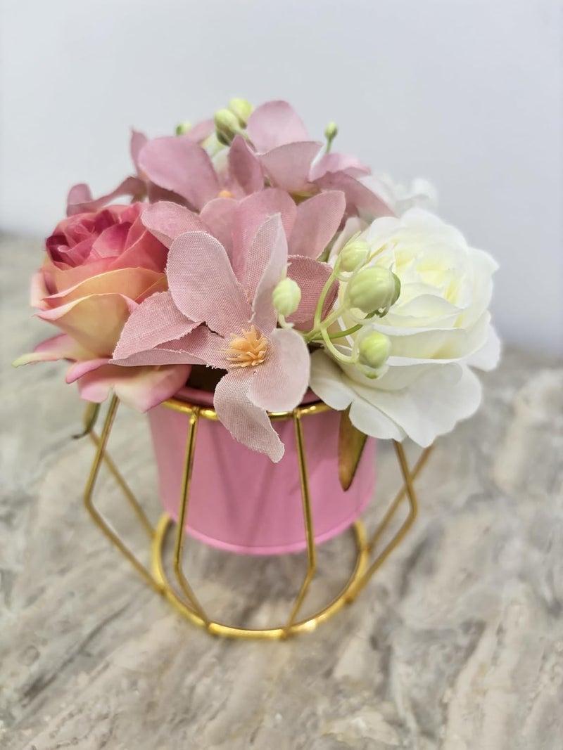 HOME ELEMENTS Tabletop Artificial Flowers in Metal Frame Vase Room Decor Centre Table Showpiece Artificial Flower Pots for Living Room Office New Home Decoration Gift - Pink & White Flower (13x16cm) - Image 4