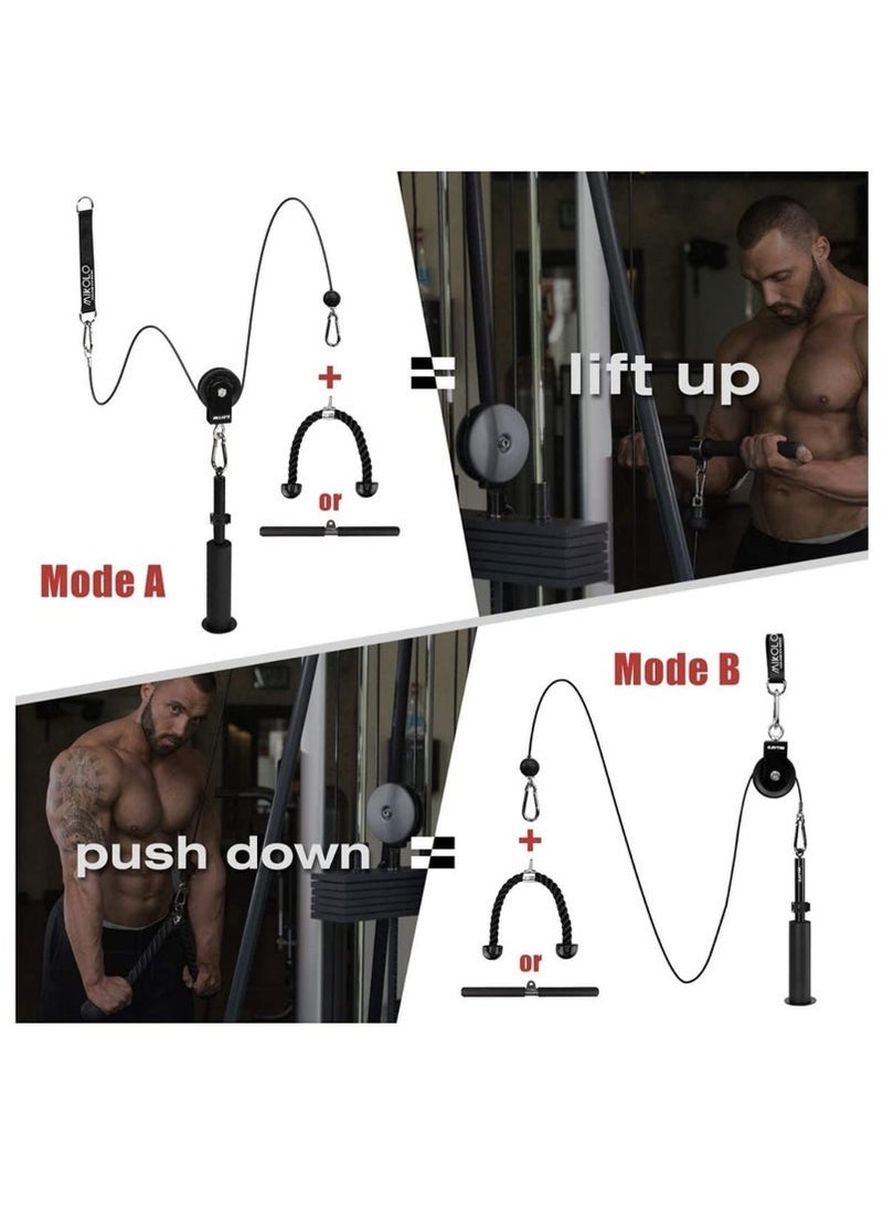 صالة ألعاب رياضية بنظام البكرات، نظام بكرات كابلات منزلي مع بكرة صامتة، حبل ثلاثي الرؤوس، قضيب مستقيم، كابلان، دبوس تحميل مُحسَّن، 3 مشابك رفع وحزام تعليق، معدات رياضية منزلية لتمارين تقوية عضلات البطن. - view 2