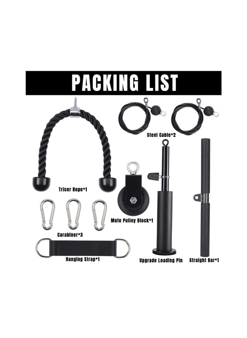 صالة ألعاب رياضية بنظام البكرات، نظام بكرات كابلات منزلي مع بكرة صامتة، حبل ثلاثي الرؤوس، قضيب مستقيم، كابلان، دبوس تحميل مُحسَّن، 3 مشابك رفع وحزام تعليق، معدات رياضية منزلية لتمارين تقوية عضلات البطن. - view 5