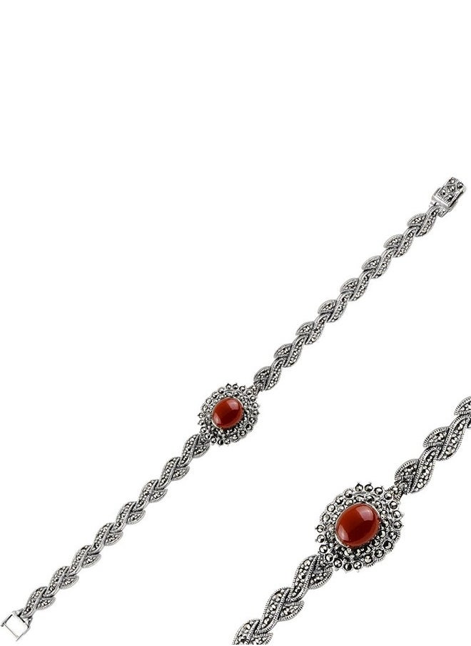 EMNON 925 Silver-Red Agate & Marcasite Bracelet-High-Quality Jewelry in UAE Dubai 100% Precious Metal Gift for Women-EMNON84BR-B94872 