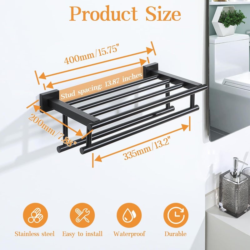Alise Towel Rack,Large Towel Holder Towel Shelf with Double Towel Bars for Bathroom Lavatory,16-Inch SUS 304 Stainless Steel Wall Mount Towel Hanger,Matte Black - Image 3
