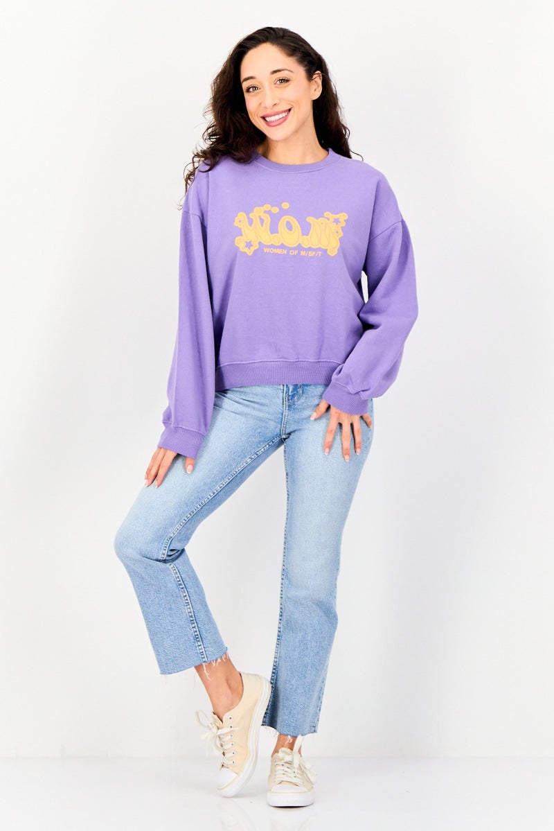 Misfit Women Ribbed Collar Graphic Print Long Sleeve Sweatshirt, Purple - Image 3