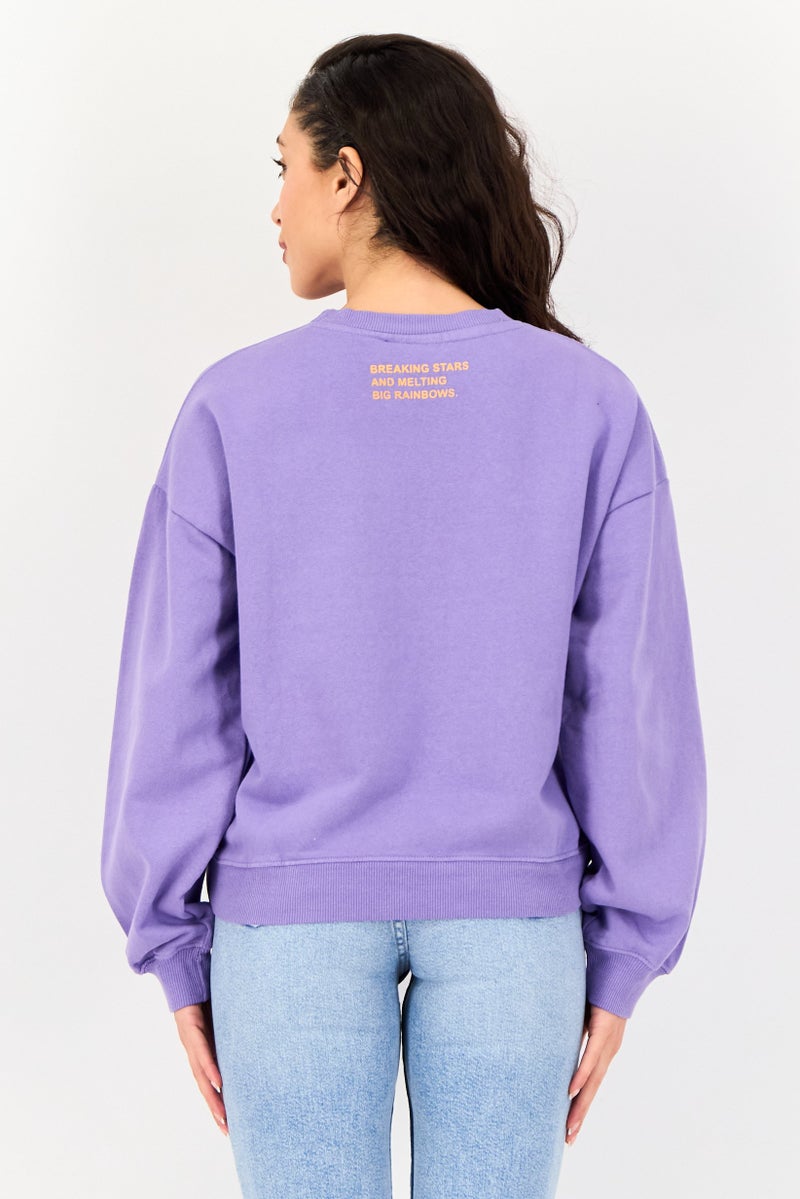 Misfit Women Ribbed Collar Graphic Print Long Sleeve Sweatshirt, Purple - Image 2
