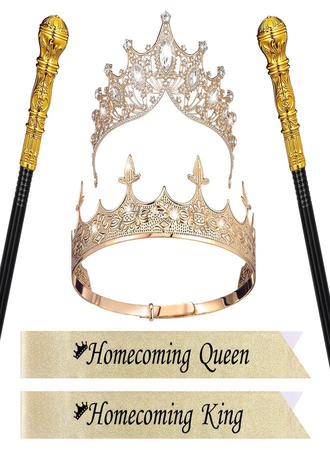 Ferreve 6 Pcs Homecoming King Queen Crown Glitter Sash Scepter Wand Homecoming Crystal Tiara Ribbon Costume Set for Party(Gold) - Image 1