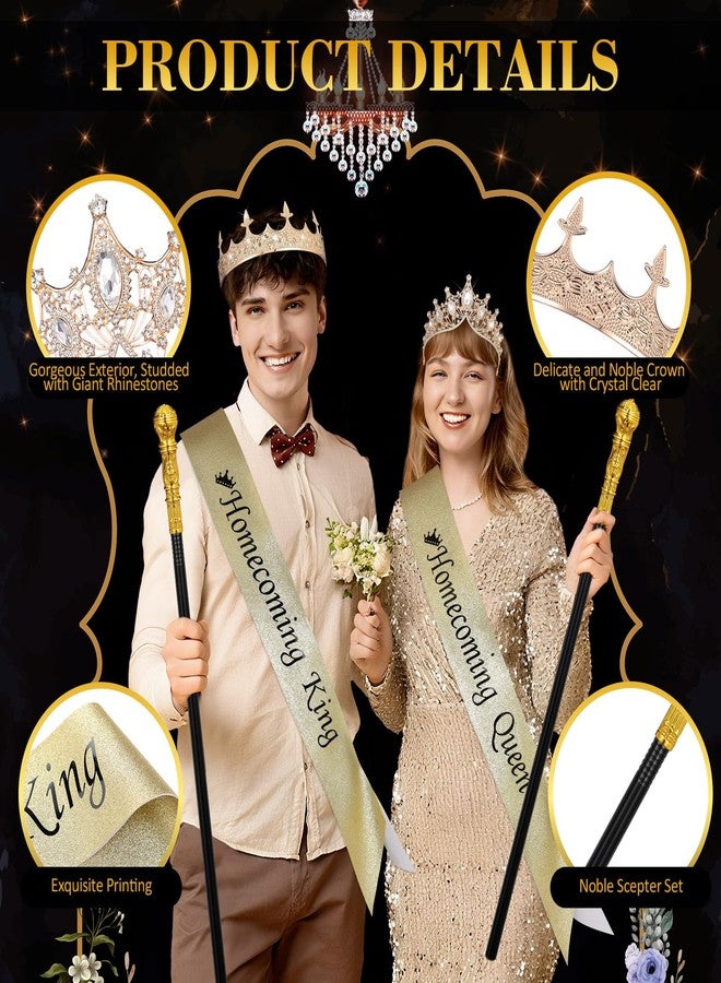 Ferreve 6 Pcs Homecoming King Queen Crown Glitter Sash Scepter Wand Homecoming Crystal Tiara Ribbon Costume Set for Party(Gold) - Image 3