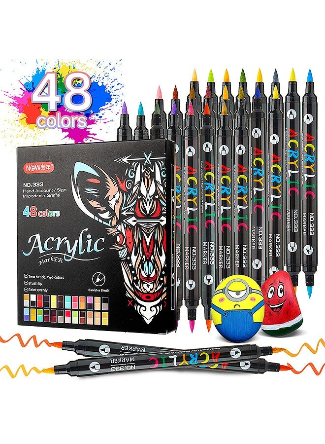 MXN 48 Colors Dual Tip Acrylic Paint Markers Pens Double ended Two color Acrylic Pens, Paint Pens for Stone Canvas Ceramic Surfaces Rock Painting DIY Crafts Supplies - Image 1