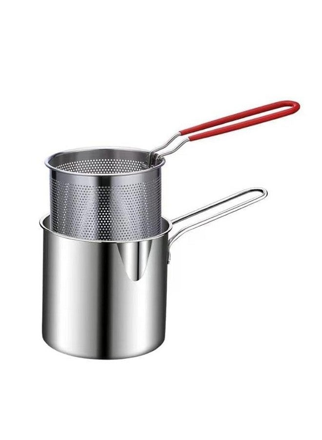SGMVK Small Deep Frying Pot With Strainer Basket - Stainless Steel Fryer With Long Handle - Mini Deep Oil Fryer for Home, Kitchen, Camping - French Fries Silver Pot (1200ML) - Image 1