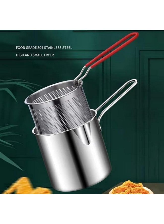 SGMVK Small Deep Frying Pot With Strainer Basket - Stainless Steel Fryer With Long Handle - Mini Deep Oil Fryer for Home, Kitchen, Camping - French Fries Silver Pot (1200ML) - Image 3