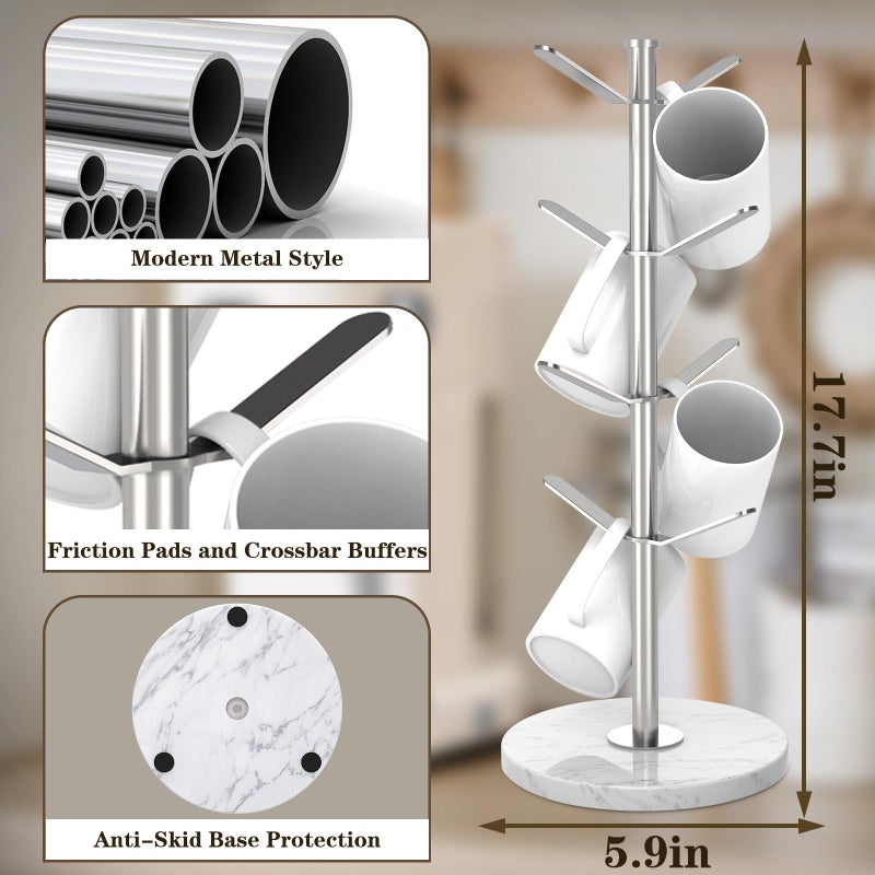 ZYZWTG Marble Mug Holder Tree with 8 Hooks, Stainless Steel Coffee Cup Holder, Non-Slip Silicone Pads, Heavy Duty Marble Base, Countertop Organizer for Kitchen & Cafe, Silver - Image 2