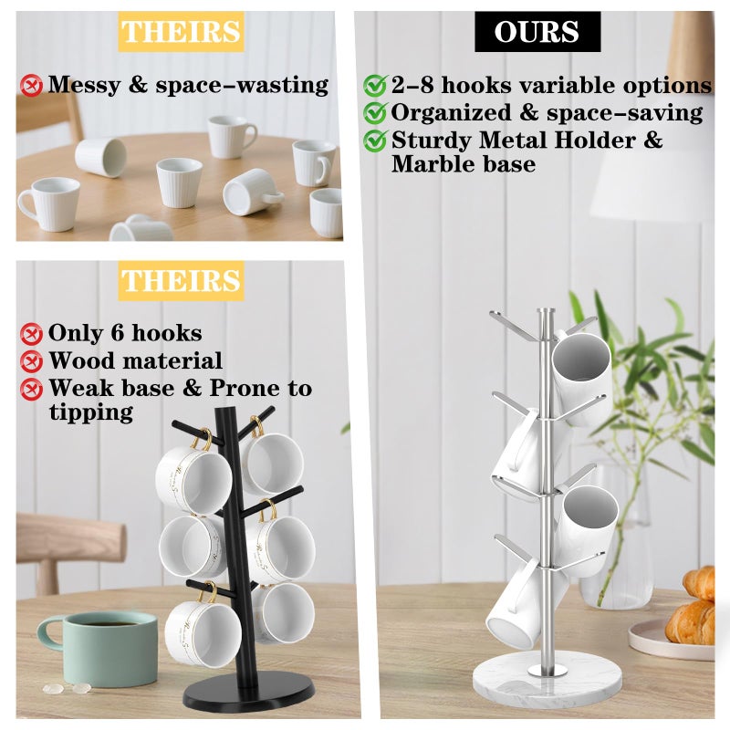 ZYZWTG Marble Mug Holder Tree with 8 Hooks, Stainless Steel Coffee Cup Holder, Non-Slip Silicone Pads, Heavy Duty Marble Base, Countertop Organizer for Kitchen & Cafe, Silver - Image 5