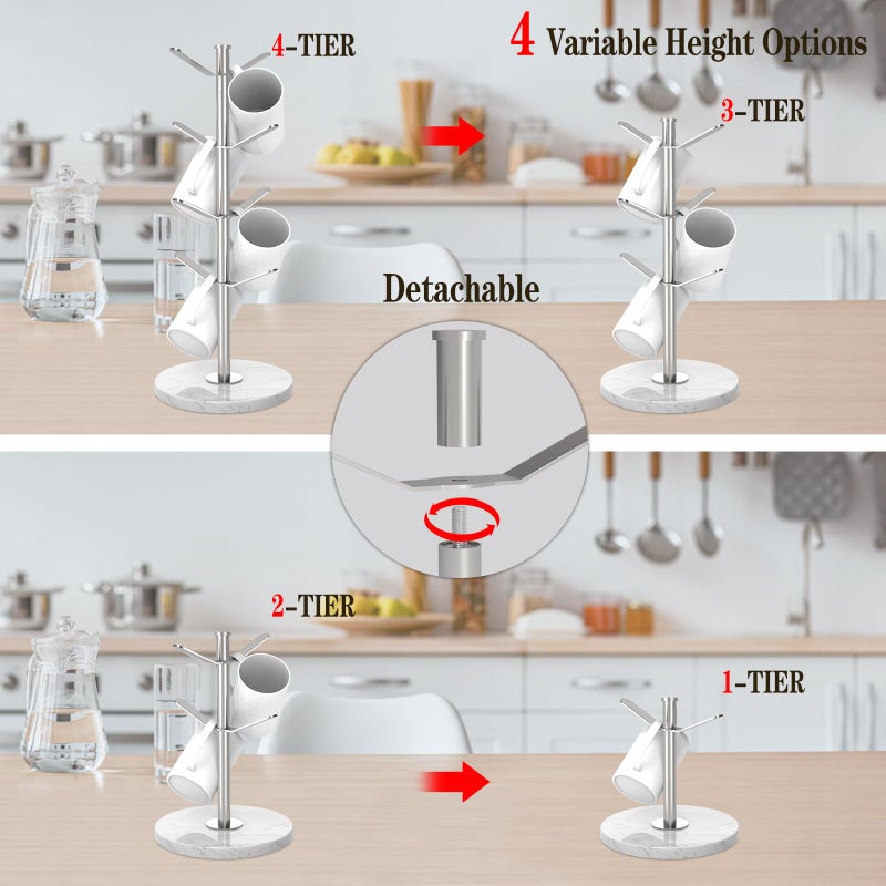 ZYZWTG Marble Mug Holder Tree with 8 Hooks, Stainless Steel Coffee Cup Holder, Non-Slip Silicone Pads, Heavy Duty Marble Base, Countertop Organizer for Kitchen & Cafe, Silver - Image 4