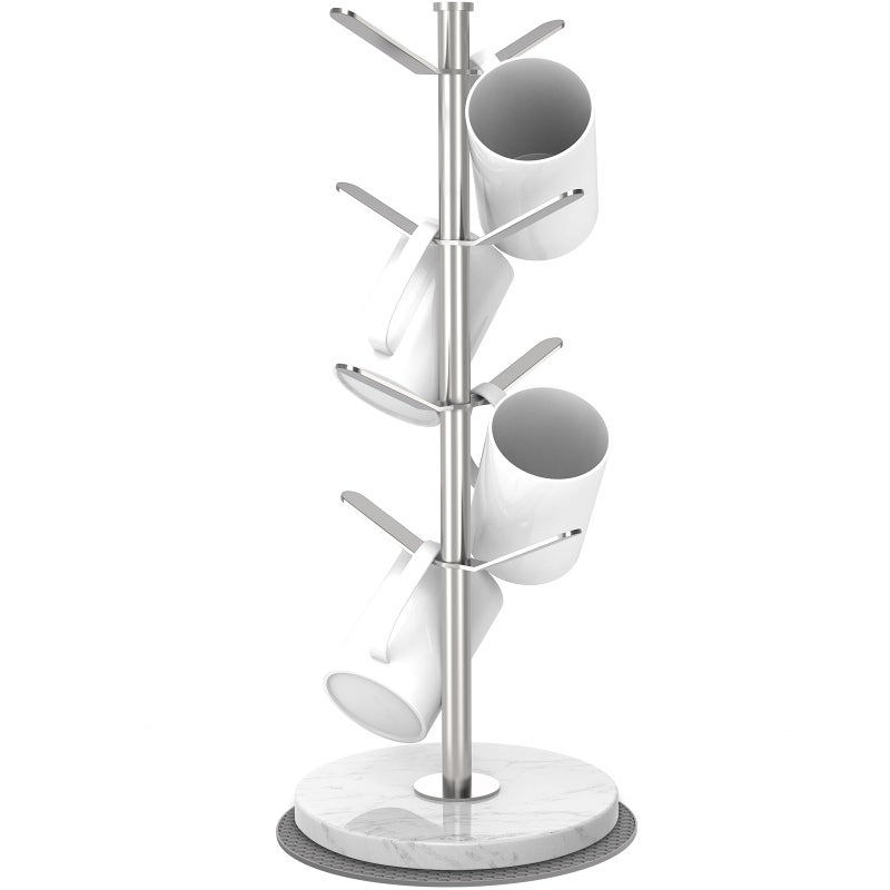 ZYZWTG Marble Mug Holder Tree with 8 Hooks, Stainless Steel Coffee Cup Holder, Non-Slip Silicone Pads, Heavy Duty Marble Base, Countertop Organizer for Kitchen & Cafe, Silver - Image 1
