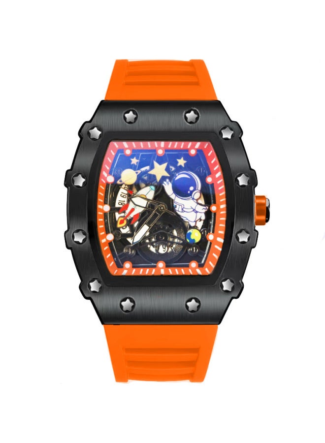 Men's Orange Strap Black Case Casual Waterproof Quartz Watch, Hollow Dial with Astronaut Pattern