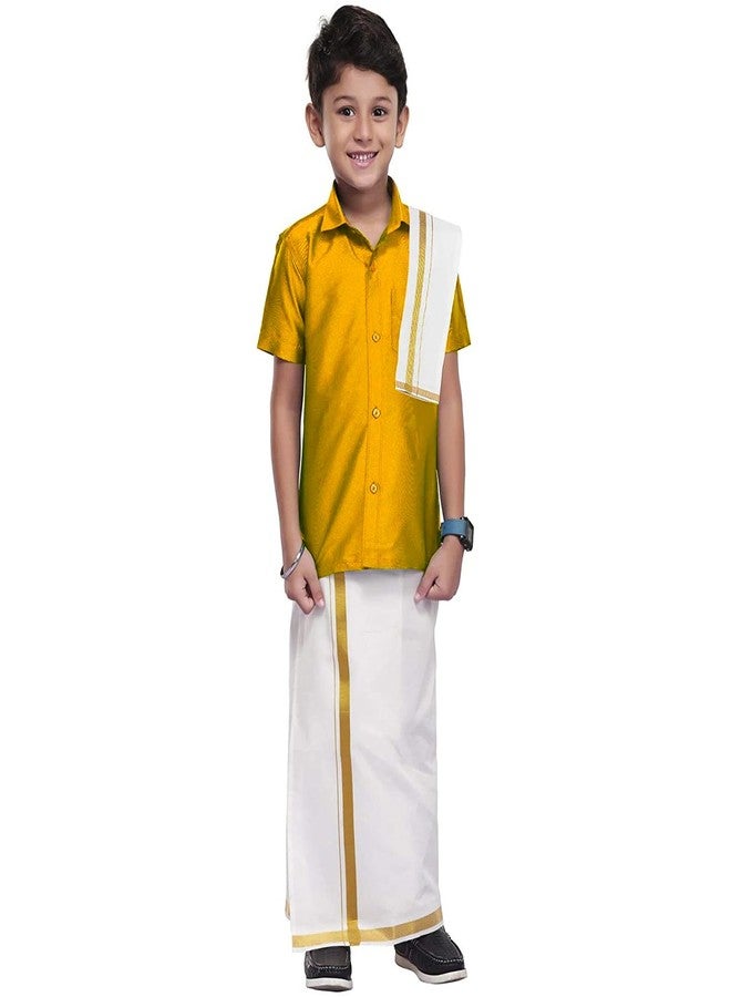 Chandrakala Kids Shirt With Mundu Set for Boy (KB101), Mustard Gold, 3-4 years - Image 1