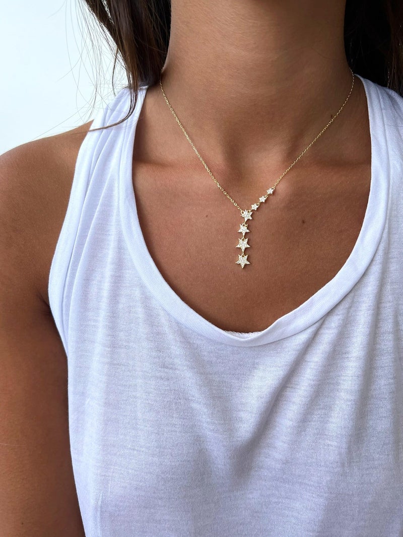 Kyerlyn Gold Crystal Star Necklace for Women, Star CZ Charm Statement Y-Necklace 14K Gold Plated Dainty Shining Exquisite Choker Necklace for Women Adjustable Jewelry Gifts - Image 2