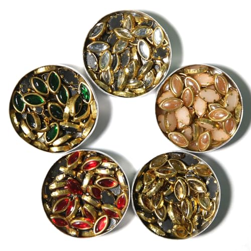 EmbroideryMaterial 5 * 9 MM Flat Back Round Kundan Stone Beads for Craft, Embroidery Work, Jewellery Making, Bangles Making Combo of 5 Colors (250 Pieces, Gold, Silver, Off White, Red, Green) - Image 1