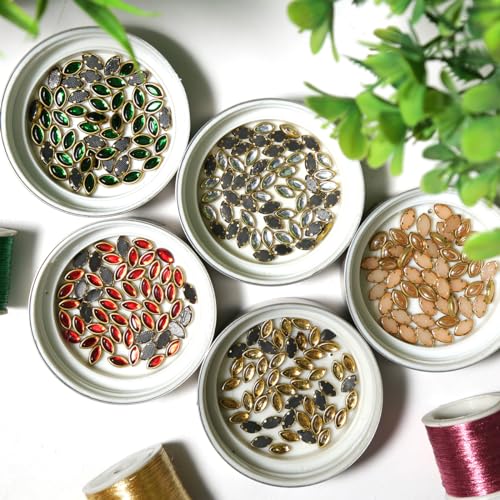 EmbroideryMaterial 5 * 9 MM Flat Back Round Kundan Stone Beads for Craft, Embroidery Work, Jewellery Making, Bangles Making Combo of 5 Colors (250 Pieces, Gold, Silver, Off White, Red, Green) - Image 4