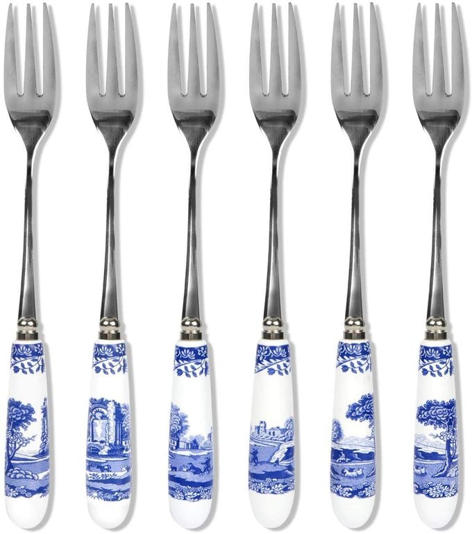 Spode Blue Italian Collection Pastry Forks, Set of Six, Stainless Steel Fork, Porcelain Handle, 6-Inch Salad, Spaghetti, Appetizer, and Dessert Fork, Hand Wash - Image 1