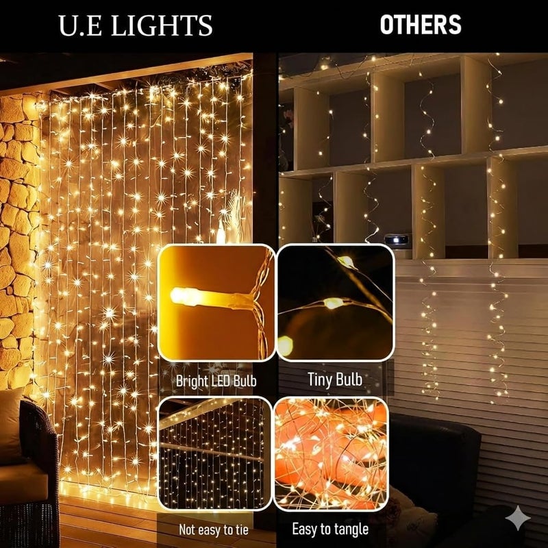 أضواء ستارة LED من U.E - 10 خطوط، 150 مصباح LED، أضواء شلال خيالية، 8 أوضاع، مقاومة للماء IP44، موفرة للطاقة لتزيين المنزل - Image 2