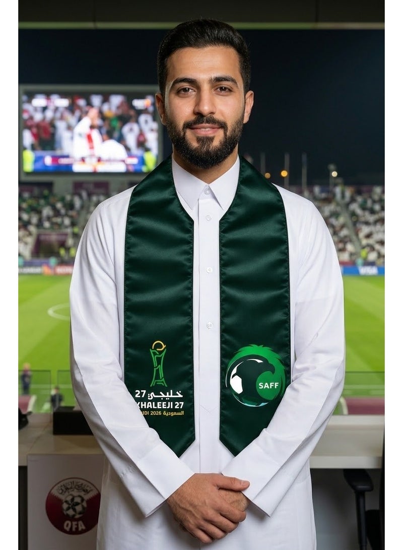 وشاح خليجي 27 السعودي 2026 – إصدار الأخضر بشعار الكأس والصقر - Image 2