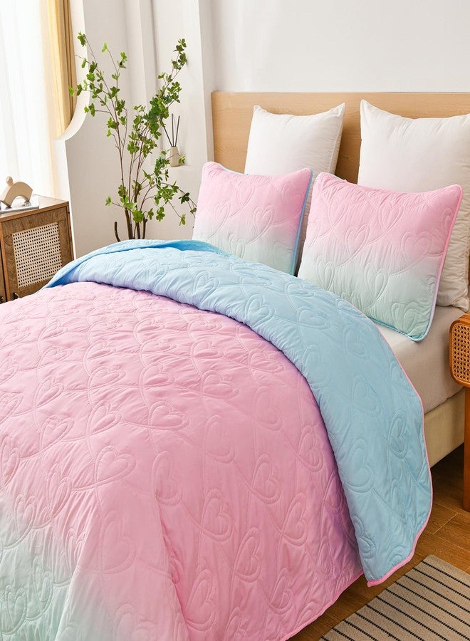 Xruibed Pink Quilt Set Full Size Ombre Blue Pink Mint Quilt Sets Kids Girls Bedding Set 3PCs Summer Reversible Lightweight Microfiber Bedspread Coverlet Sets for All Season (80''x90'') - Image 3