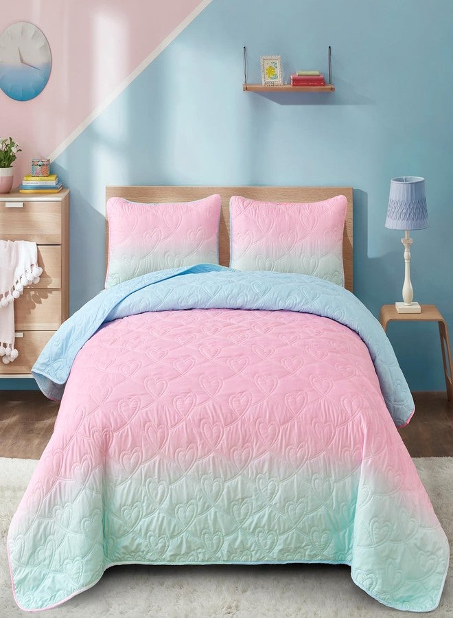 Xruibed Pink Quilt Set Full Size Ombre Blue Pink Mint Quilt Sets Kids Girls Bedding Set 3PCs Summer Reversible Lightweight Microfiber Bedspread Coverlet Sets for All Season (80''x90'') - Image 1