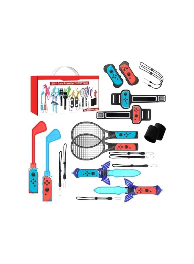 بروماس حزمة ملحقات سويتش، مجموعة ألعاب وي الرياضية 12 في 1 لألعاب نينتندو سويتش الرياضية، نوادي الجولف القابلة للسحب، مضارب التنس، مقابض السيف، عصابات رقص المعصم، حزام الساق، قبضة الملاكمة - Image 1