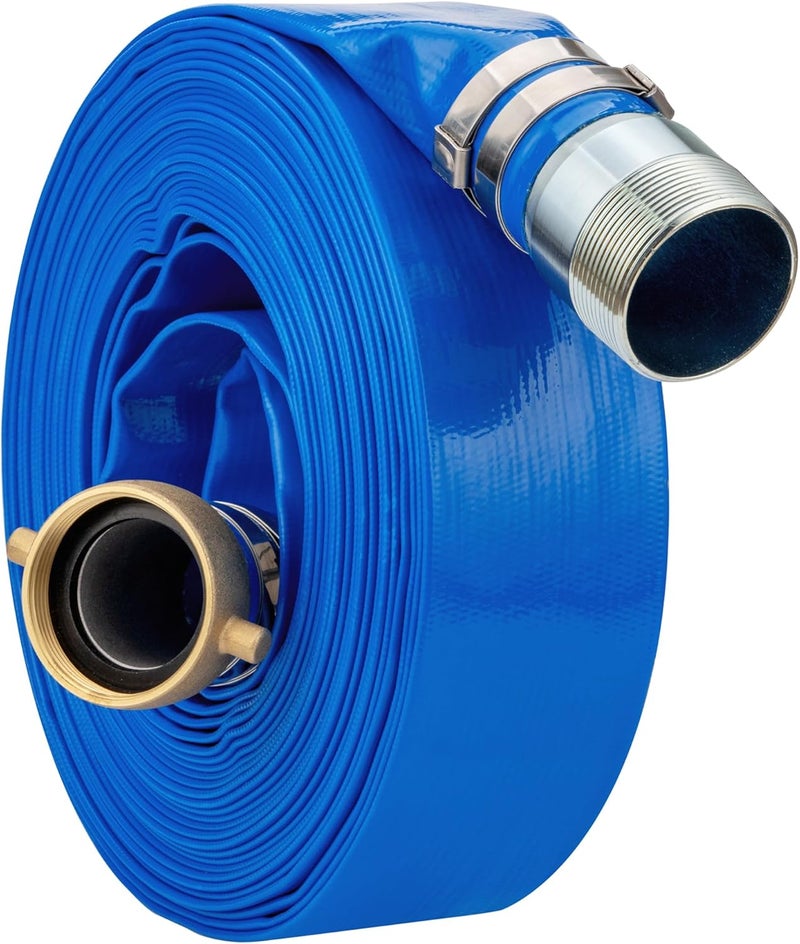 Geowaky 1-1/4" x 50ft PVC Lay Flat Water Pump Discharge Hose with NPT Pin Lug and Nipple Fittings, Heavy Duty Reinforced Pool Backwash Hose Assembly - Image 1