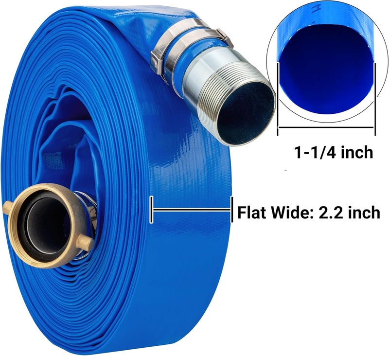 Geowaky 1-1/4" x 50ft PVC Lay Flat Water Pump Discharge Hose with NPT Pin Lug and Nipple Fittings, Heavy Duty Reinforced Pool Backwash Hose Assembly - Image 2