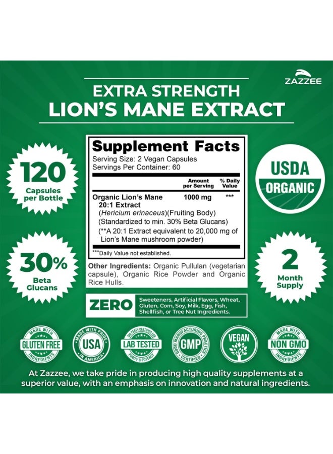 زازي مستخلص فطر "عرف الأسد" (Lion's Mane) بتركيز 20:1، معتمد كمنتج عضوي من وزارة الزراعة الأمريكية (USDA)، يحتوي على 30% من بيتا جلوكان، ومناسب للنباتيين. - Image 1