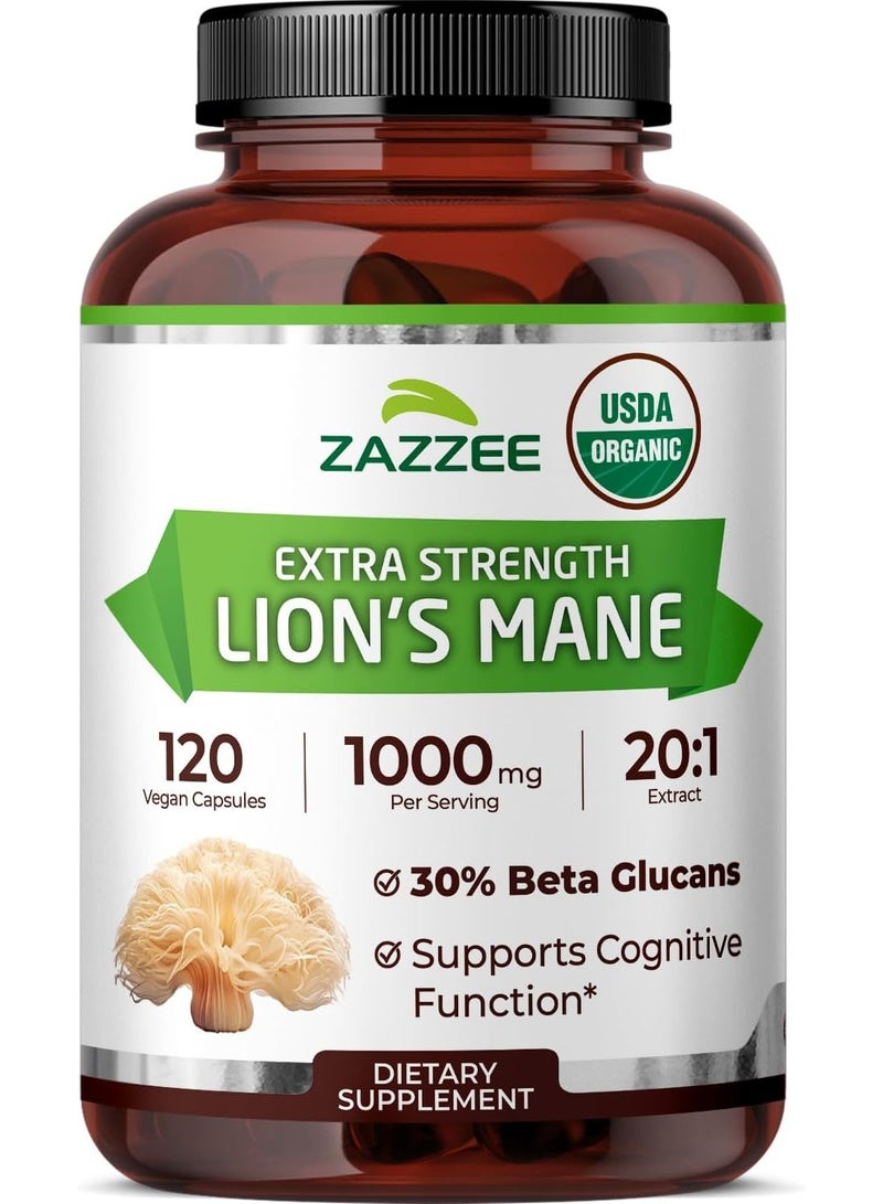 زازي مستخلص فطر "عرف الأسد" (Lion's Mane) بتركيز 20:1، معتمد كمنتج عضوي من وزارة الزراعة الأمريكية (USDA)، يحتوي على 30% من بيتا جلوكان، ومناسب للنباتيين. - Image 2