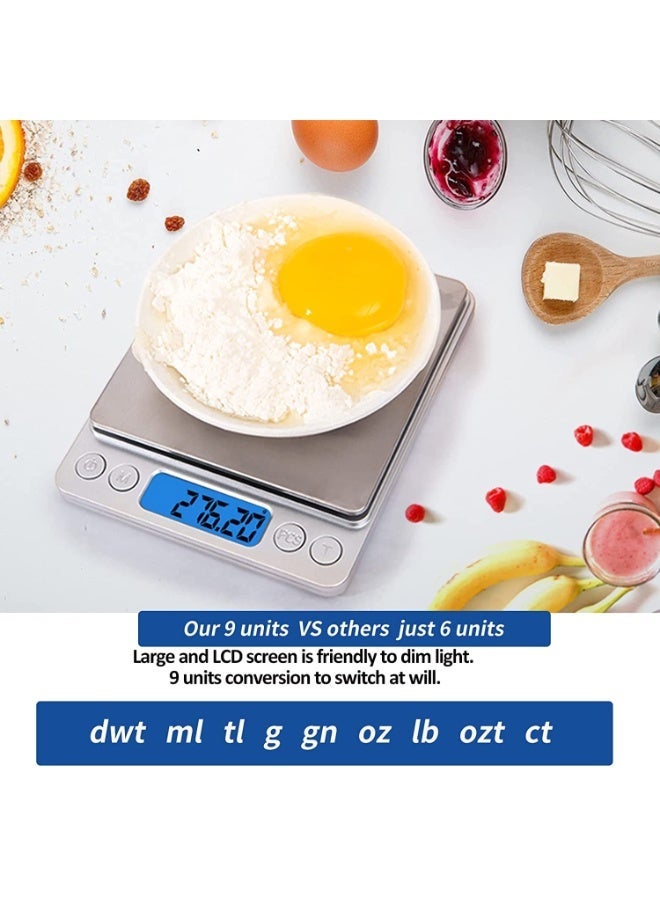 NXT Digital Grams and Ounces Mini Scale - 3000g x 0.1g High Accuracy, Durable Kitchen Food Scale for Baking, Jewelry & Herbs (Silver, 9 Units, Tare Function, 2 Trays Included) - Image 5