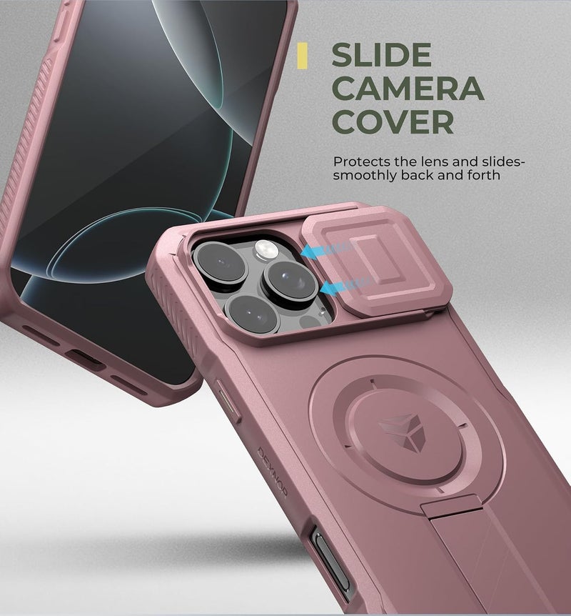 ديكسنور حافظة لهاتف iPhone 16 Pro Max مع غطاء كاميرا منزلق وحامل قابل للتعديل، حافظة مغناطيسية متينة مقاومة للصدمات، لون وردي الفاوانيا - Image 4