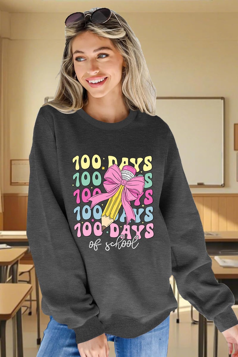 CAZYCHILD 100 Days of School Sweatshirt for Women Happy 100th Days Shirt Teacher Pencil Graphic Long Sleeve Tee Tops Grey - Image 3