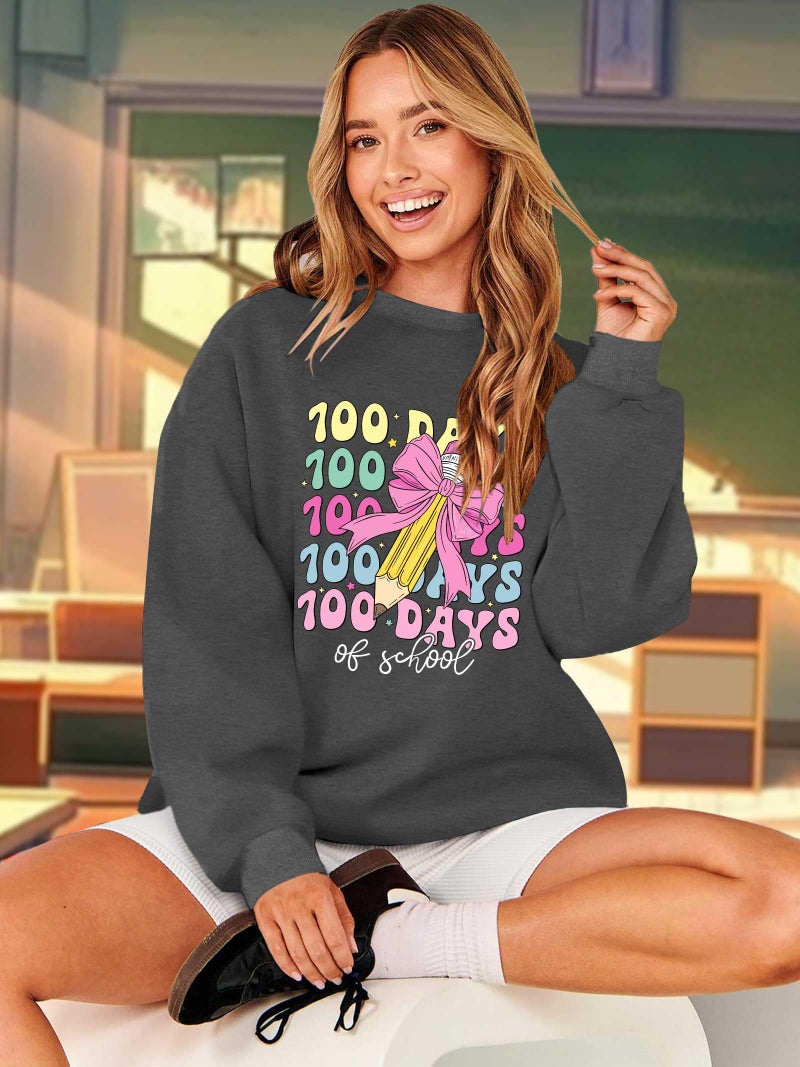CAZYCHILD 100 Days of School Sweatshirt for Women Happy 100th Days Shirt Teacher Pencil Graphic Long Sleeve Tee Tops Grey - Image 5
