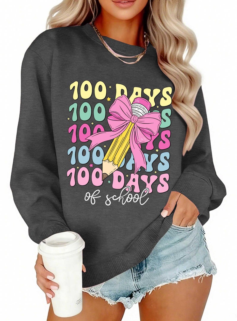 CAZYCHILD 100 Days of School Sweatshirt for Women Happy 100th Days Shirt Teacher Pencil Graphic Long Sleeve Tee Tops Grey - Image 2