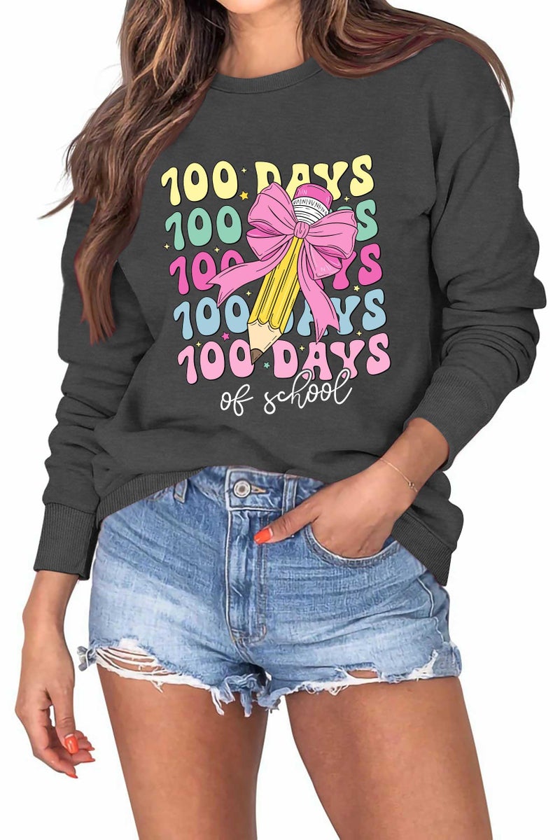 CAZYCHILD 100 Days of School Sweatshirt for Women Happy 100th Days Shirt Teacher Pencil Graphic Long Sleeve Tee Tops Grey - Image 1