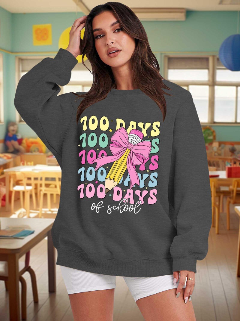 CAZYCHILD 100 Days of School Sweatshirt for Women Happy 100th Days Shirt Teacher Pencil Graphic Long Sleeve Tee Tops Grey - Image 4
