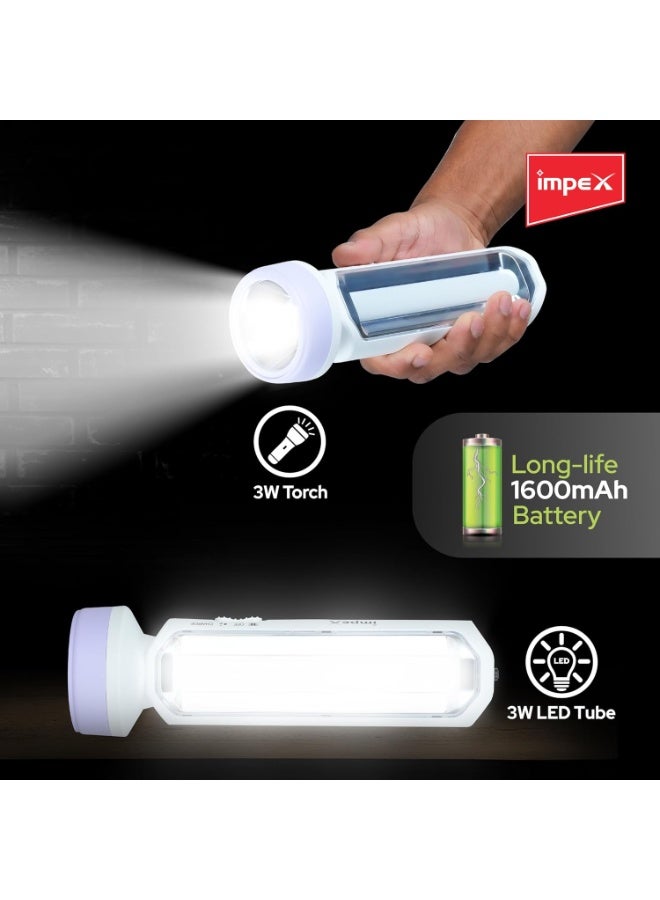 Impex 2 in 1 Rechargeable LED Flashlight with Emergency Lamp | 1600 mAh Battery | Multi Purpose Tourch Light | Lamp and Torch Light | 6 Months Warranty | Lumin A3 - Image 3