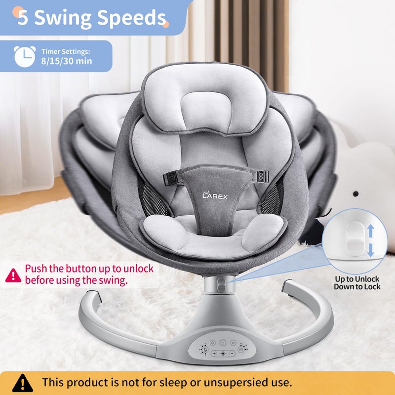 LAREX Baby Swing Infant Swing Electric Toddler Baby Rocker Portable for Newborn Boy Girl, 5 Sway Speeds with Remote Control, 10 Preset Melodies and Bluetooth, 0-6 Months Max 20 Lbs (Gray) - Image 2