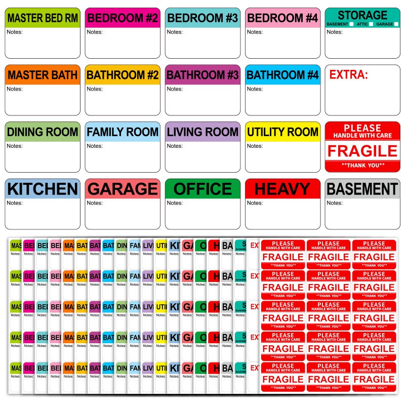Labelebal 600 Writable Stickers 2â€ x 3â€ Each,20 Designs Pre-Printed Color-Coded Home Moving Packing Box Labels with Fragile, Extra, Heavy Labels - Image 1