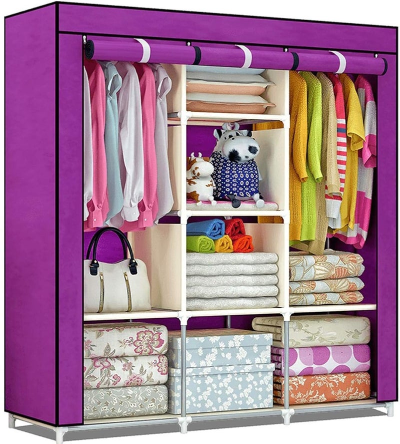 Shopper52 Fancy Portable Fabric Collapsible Foldable Clothes Closet Wardrobe Storage Rack Organizer Cabinet Cupboard Almirah 3 Door Wardrobe Purple 88130A - Image 1