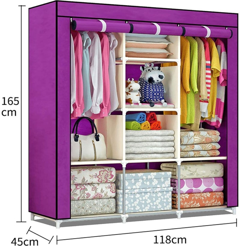 Shopper52 Fancy Portable Fabric Collapsible Foldable Clothes Closet Wardrobe Storage Rack Organizer Cabinet Cupboard Almirah 3 Door Wardrobe Purple 88130A - Image 2