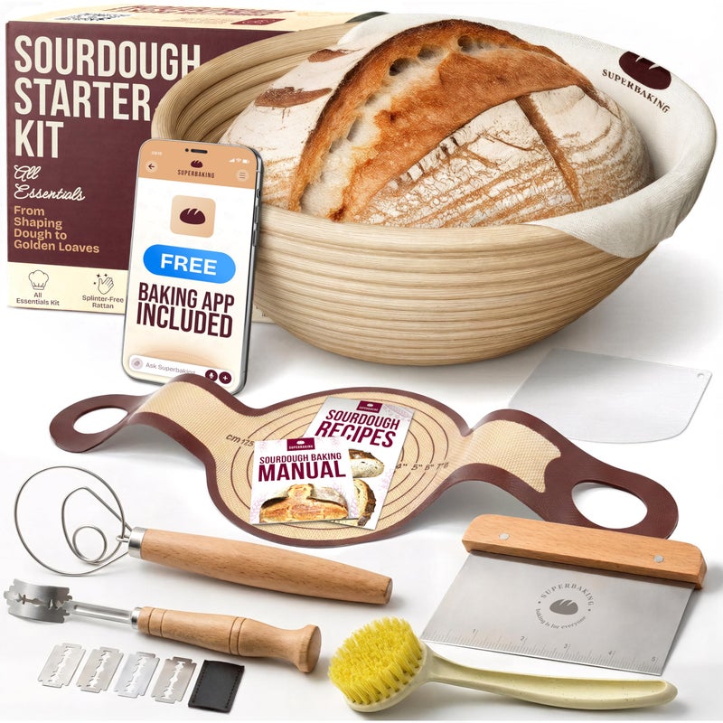 Superbaking Sourdough Starter Kit, 9" Round Banneton Bread Proofing Basket Set, Sourdough Bread Baking Supplies, Sourdough Tools with Silicone Bread Sling, Bread Making Tools, Baking Gifts - Image 1