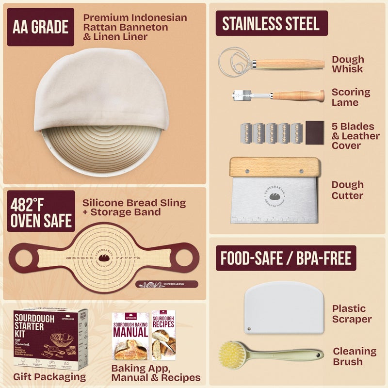 Superbaking Sourdough Starter Kit, 9" Round Banneton Bread Proofing Basket Set, Sourdough Bread Baking Supplies, Sourdough Tools with Silicone Bread Sling, Bread Making Tools, Baking Gifts - Image 2