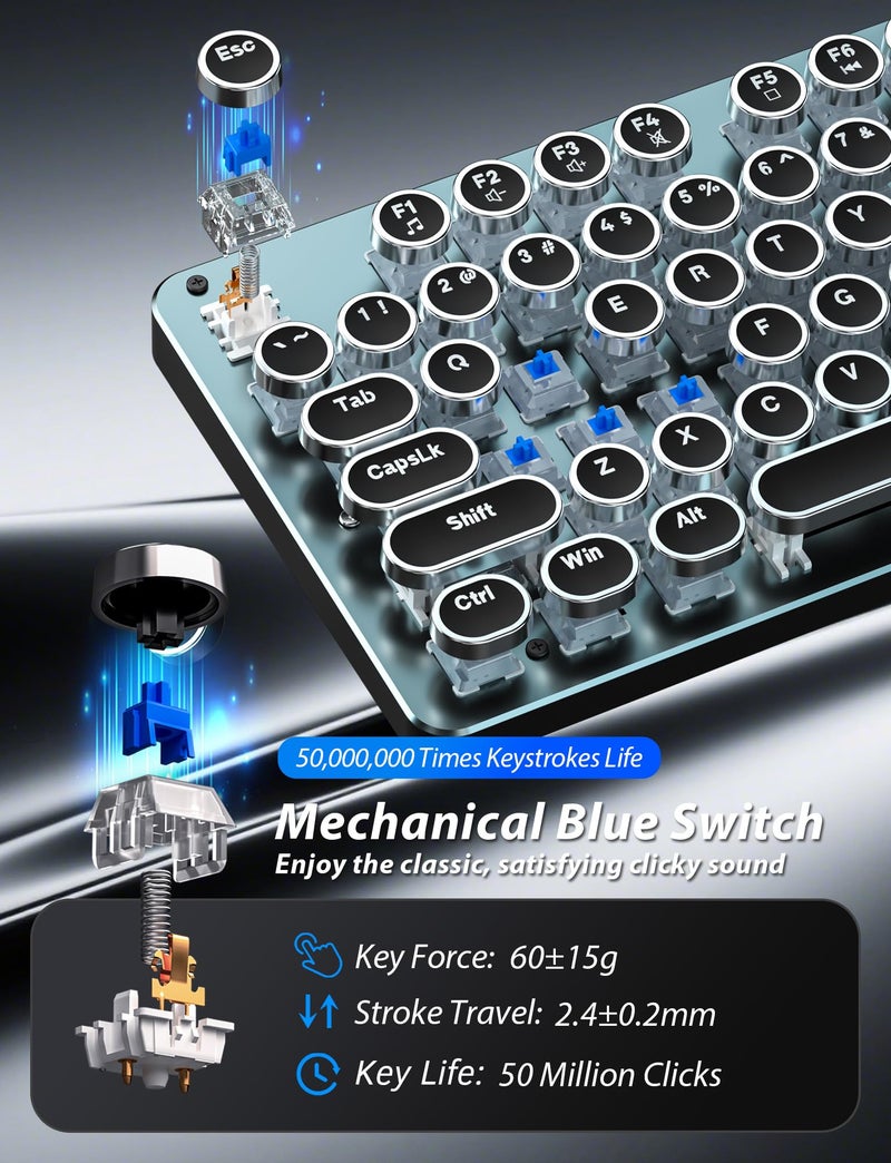 Taiahiro Typewriter Style Mechanical Gaming Keyboard Blue Switch, Rainbow LED Backlit Wired Computer Keyboards Mouse and Pad Combo, Metal Panel Retro Punk Round Keycaps, 104 Keys Anti-Ghost for PC Laptop Gamer - Image 3