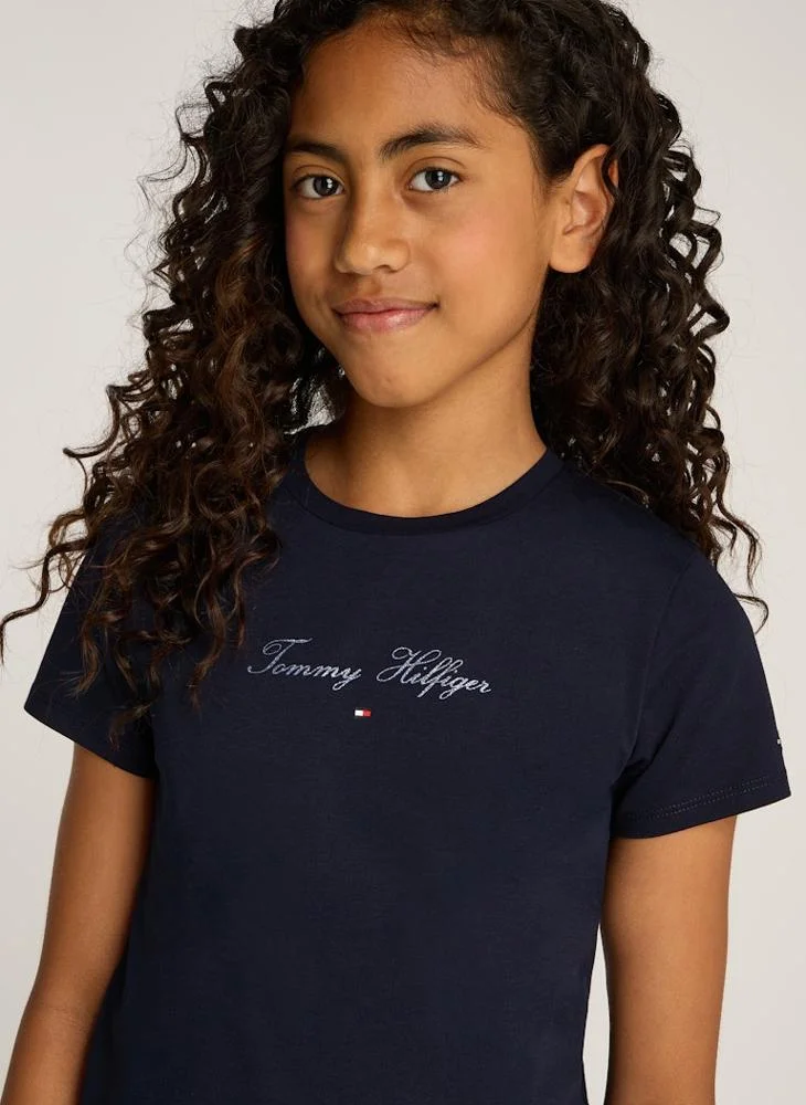 تومي هيلفيغر Kids Crew Neck Script Logo Slim Fit T-Shirt