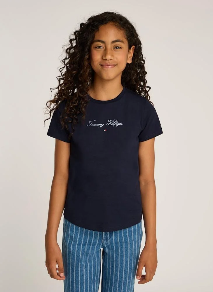 تومي هيلفيغر Kids Crew Neck Script Logo Slim Fit T-Shirt